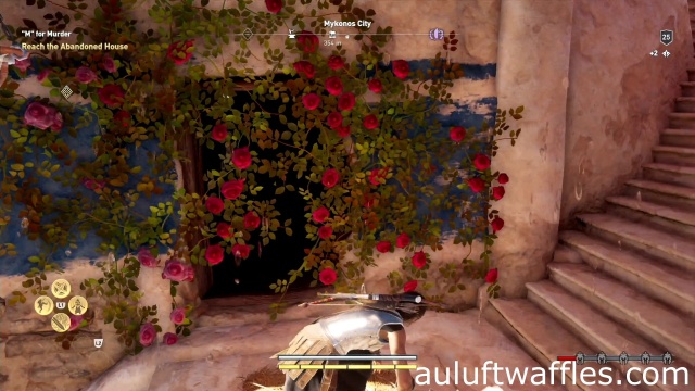 Get into the house through the rose covered door to investigate the abandoned house in "M" for Murder on Delos in Assassn's Creed Odyssey
